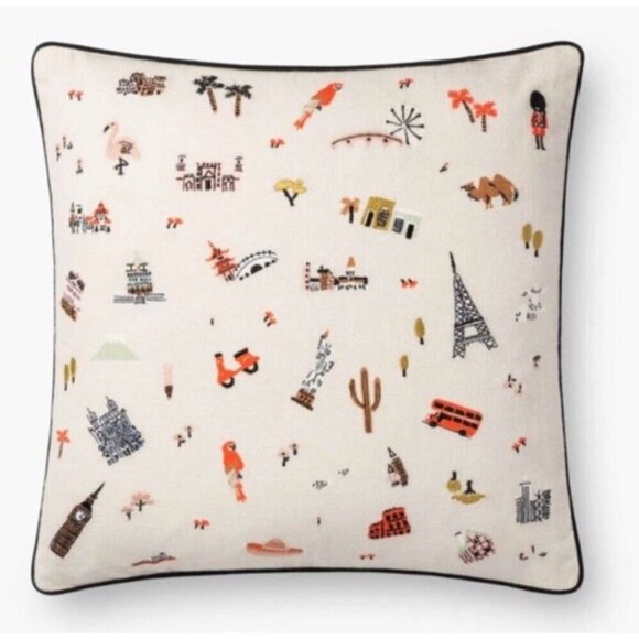 Rifle Paper Throw Pillow Wanderlust Landmark Loloi Pillow 18x18 Embroidered - Picture 1 of 9